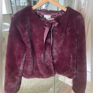Maison Jules Burgundy Faux Fur Jacket with Ribbon Tie